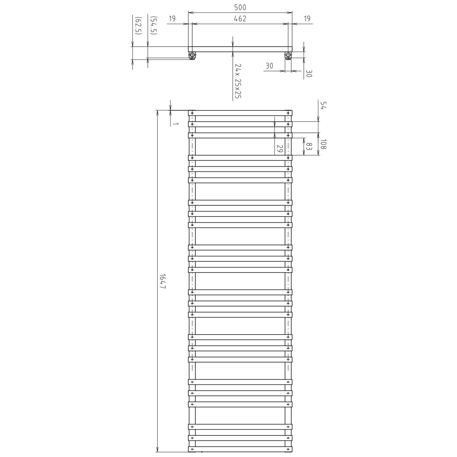 Sapho FANTINA otopné těleso 500x1647 mm, černá mat, technický nákres