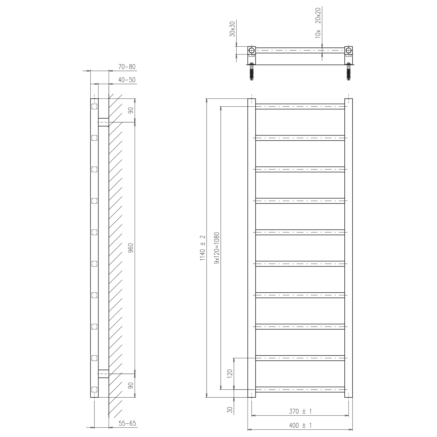 Sapho METRO LIGHT otopné těleso 400x1140 mm, chrom, technický nákres