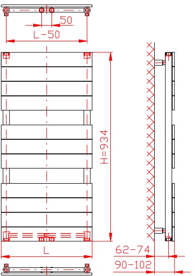 Thermal Trend D-EX 600 x 934 elektrický topný žebřík, 400W D-EX 600/934-400W, technický nákres