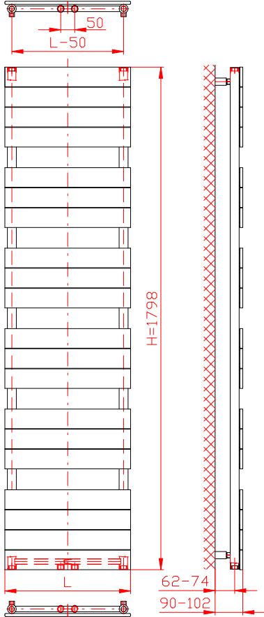Thermal Trend D-EX 750 x 1798 elektrický topný žebřík,1000W D-EX 750/1798-1000W, technický nákres