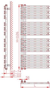 Thermal Trend HTO-E 496 x 1126 elektrický topný žebřík, 500W HTO-E 496/1126-500W antracit/černá, technický nákres