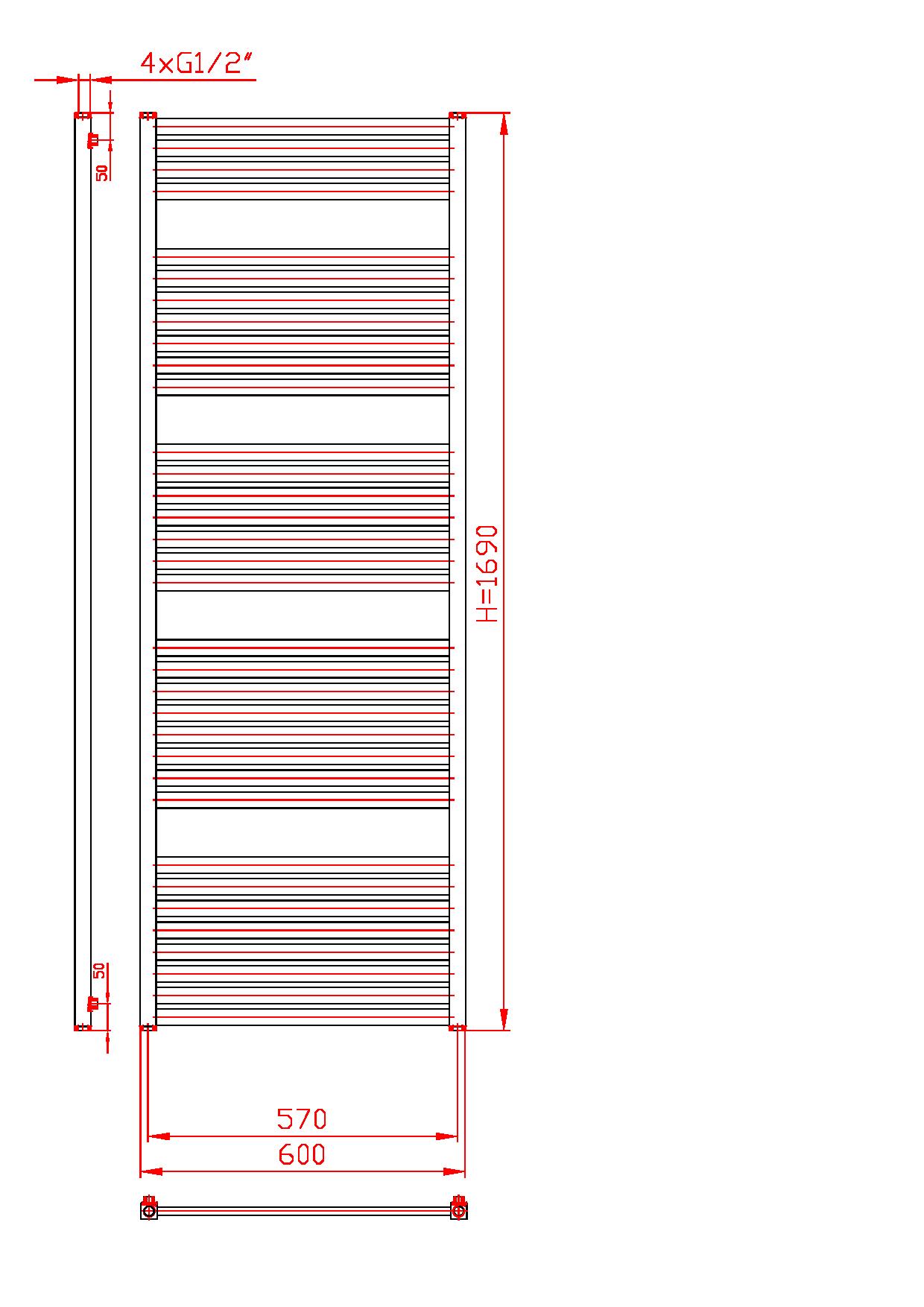 Thermal Trend KH-E 450 x 1690 elektrický topný žebřík, 700W KH-E 450/1690-700W antracit/černá, technický nákres