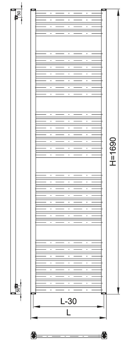 Thermal Trend KH-EX 450 x 1690 elektrický topný žebřík, 700W KH-EX 450/1690-700W, technický nákres