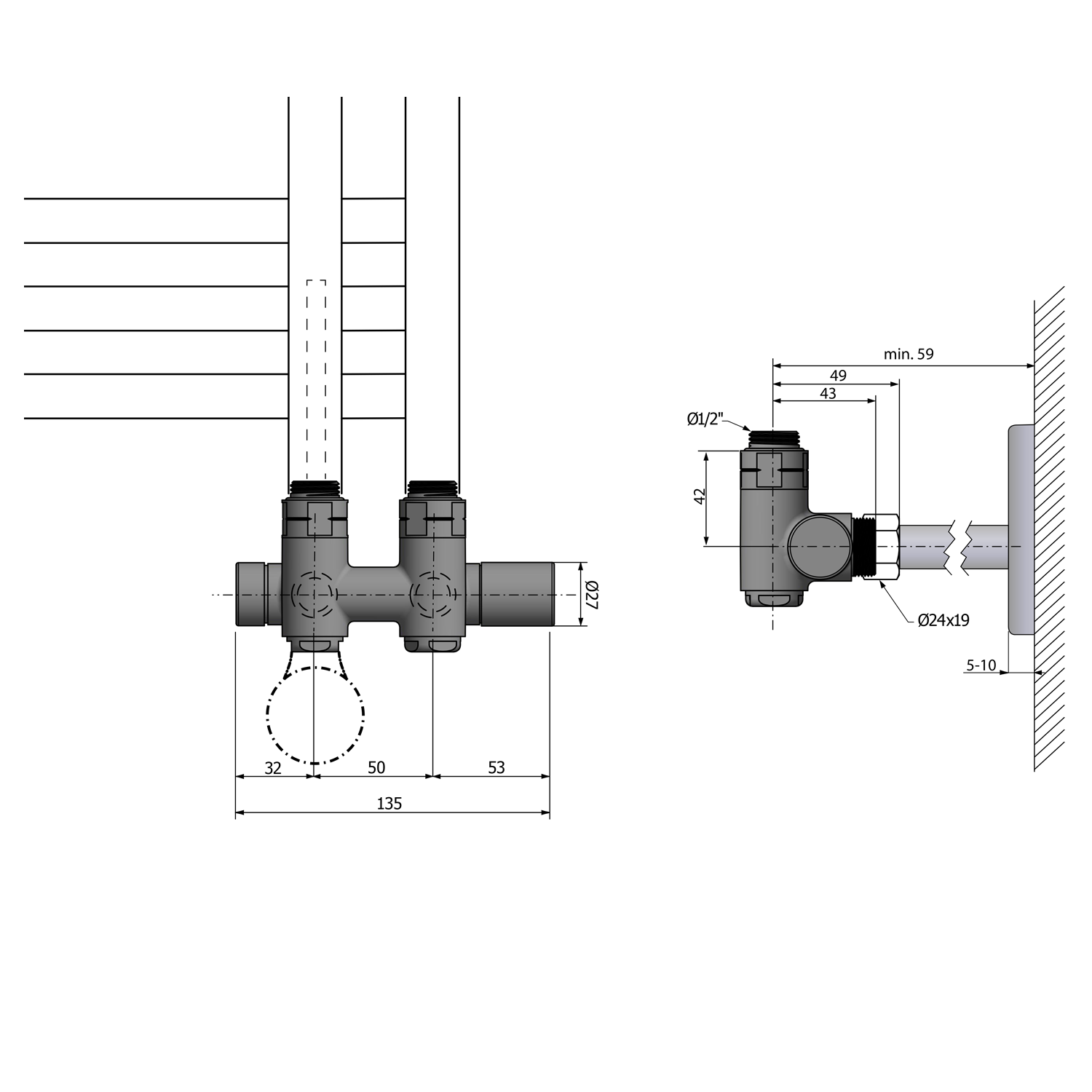 Sapho TWIN COMBI připojovací sada ventilů pro středové připojení, pravá, černá mat, technický nákres