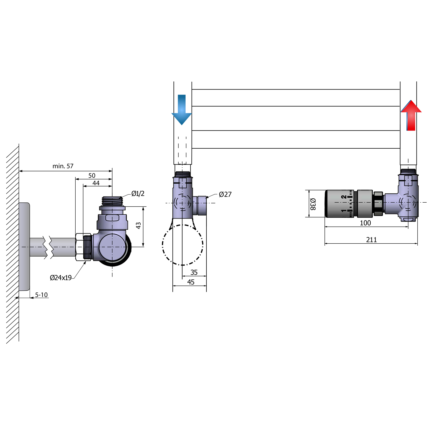 Sapho CORNER COMBI připojovací sada ventilů termostatická, pravé provedení, černá mat, technický nákres