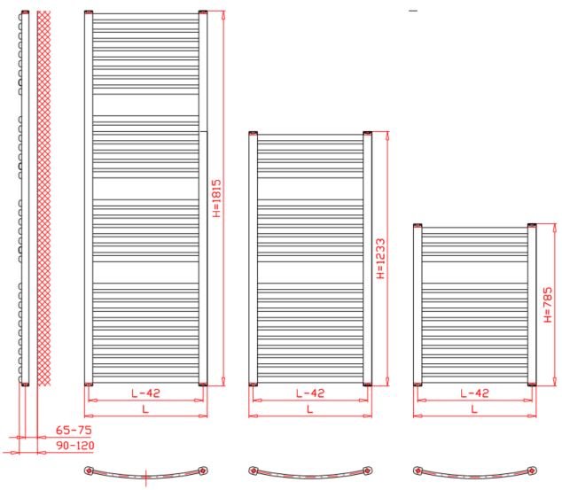 Thermal Trend KM 750 x 1815 kombinovaný topný žebřík, středové připojení, technický nákres