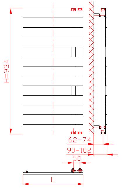 Thermal Trend DHR 750 x 934 kombinovaný topný žebřík DHR 750/934 antracit/černá, technický nákres