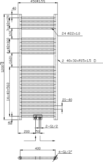 Novaservis 450 x 1200 kombinovaný topný žebřík, černá mat, 450/1200/RS,5, technický nákres