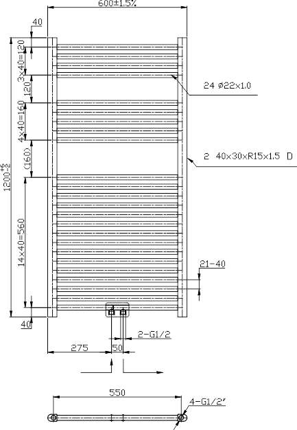 Novaservis 600 x 1200 kombinovaný topný žebřík, černá mat, 600/1200/RS,5, technický nákres