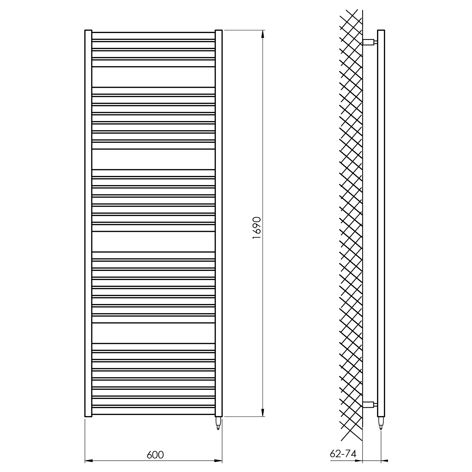 Aqualine TONDI-E elektrické otopné těleso rovné 600x1690 mm, 800 W, bílá, technický nákres