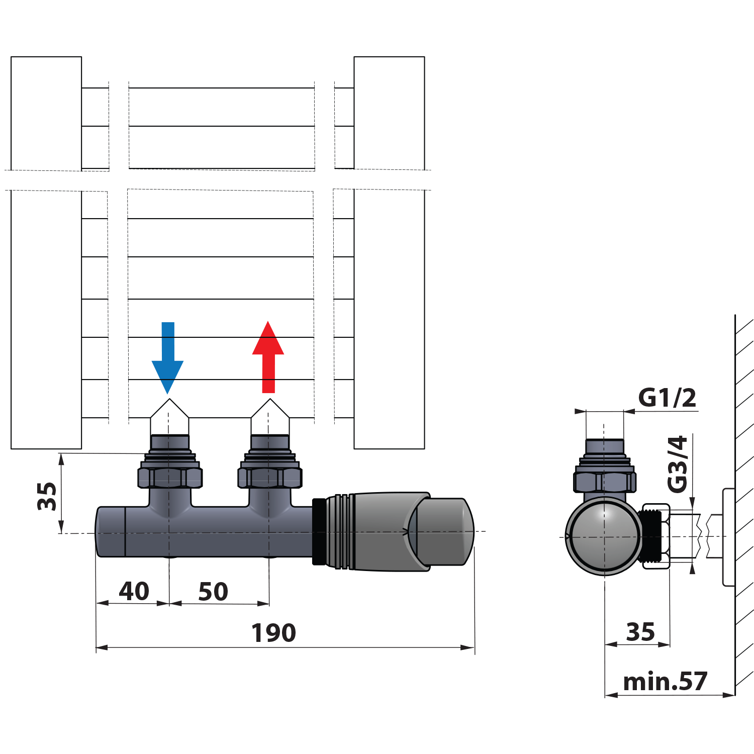 Sapho WICHER připojovací sada termostatická pro středové připojení 50mm, černá mat, technický nákres