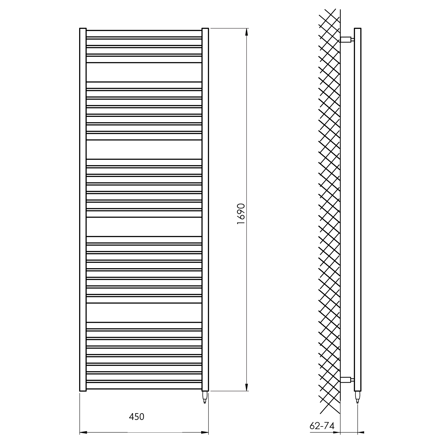 Aqualine TONDI-E elektrické otopné těleso rovné 450x1690 mm, 600 W, černá mat, technický nákres