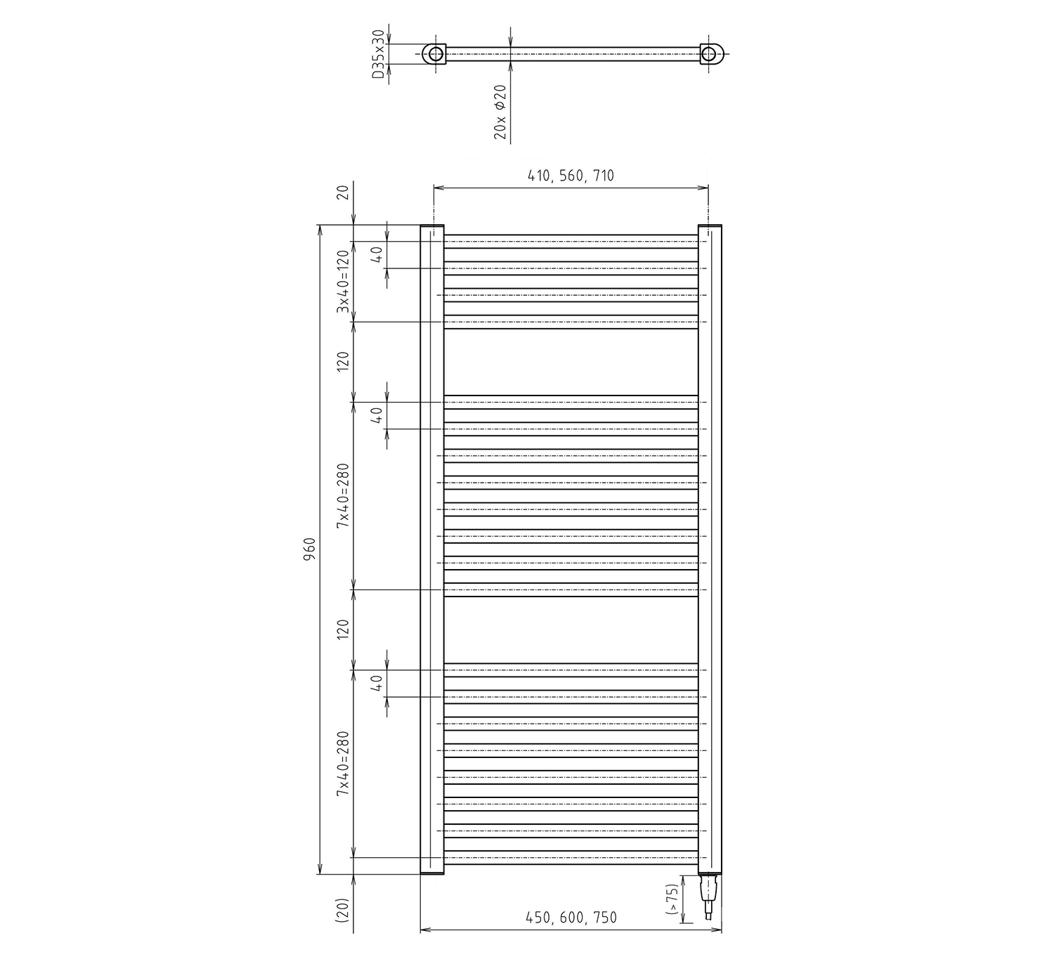 Aqualine DIRECT-E elektrické otopné těleso rovné 450x960 mm, 300 W, bílá, technický nákres