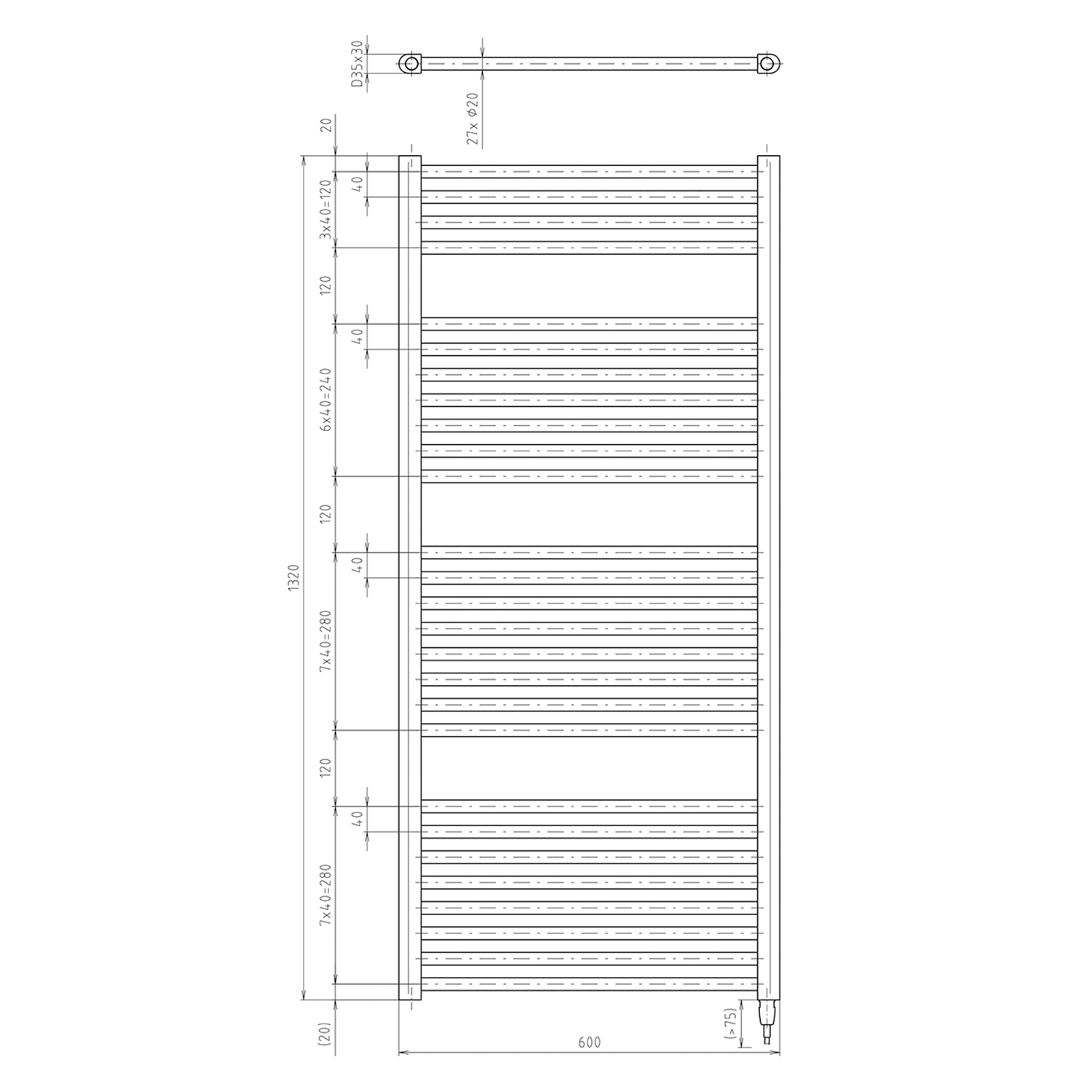 Aqualine DIRECT-E elektrické otopné těleso rovné 600x1320 mm, 600 W, bílá, technický nákres