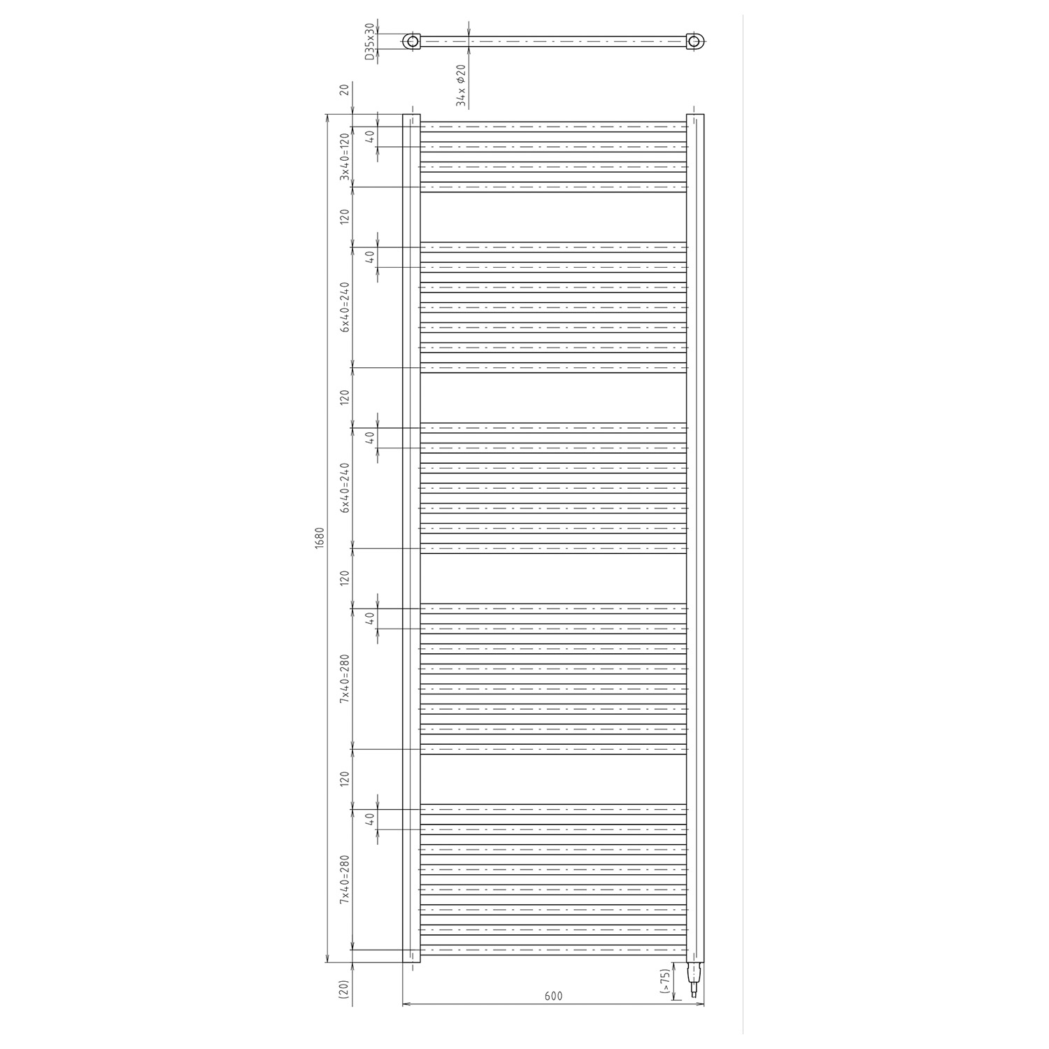 Aqualine DIRECT-E elektrické otopné těleso rovné 600x1680 mm, 800 W, bílá, technický nákres