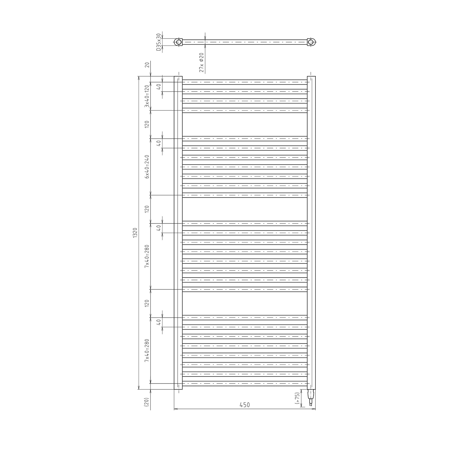 Aqualine DIRECT-E elektrické otopné těleso rovné 450x1320 mm, 400 W, bílá, technický nákres