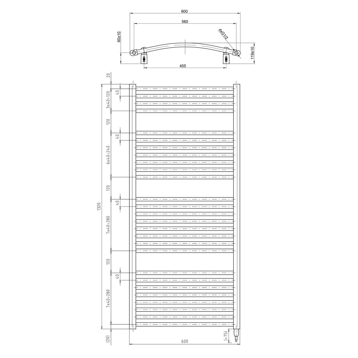 Aqualine ORBIT-E elektrické otopné těleso oblé 600x1320 mm, 600 W, bílá, technický nákres