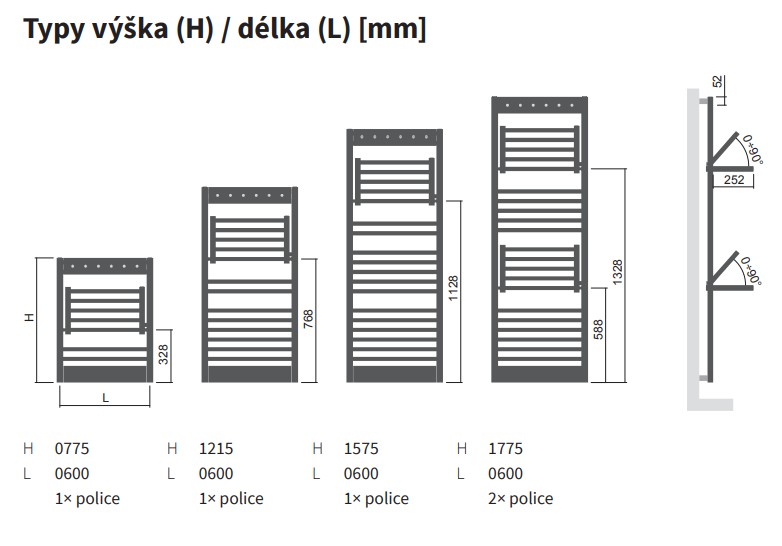 Isan Rytmo s háčky kombinovaný topný žebřík 1775x600 mm, středové připojení, 778 W, DRTM17750600SM01, technický nákres