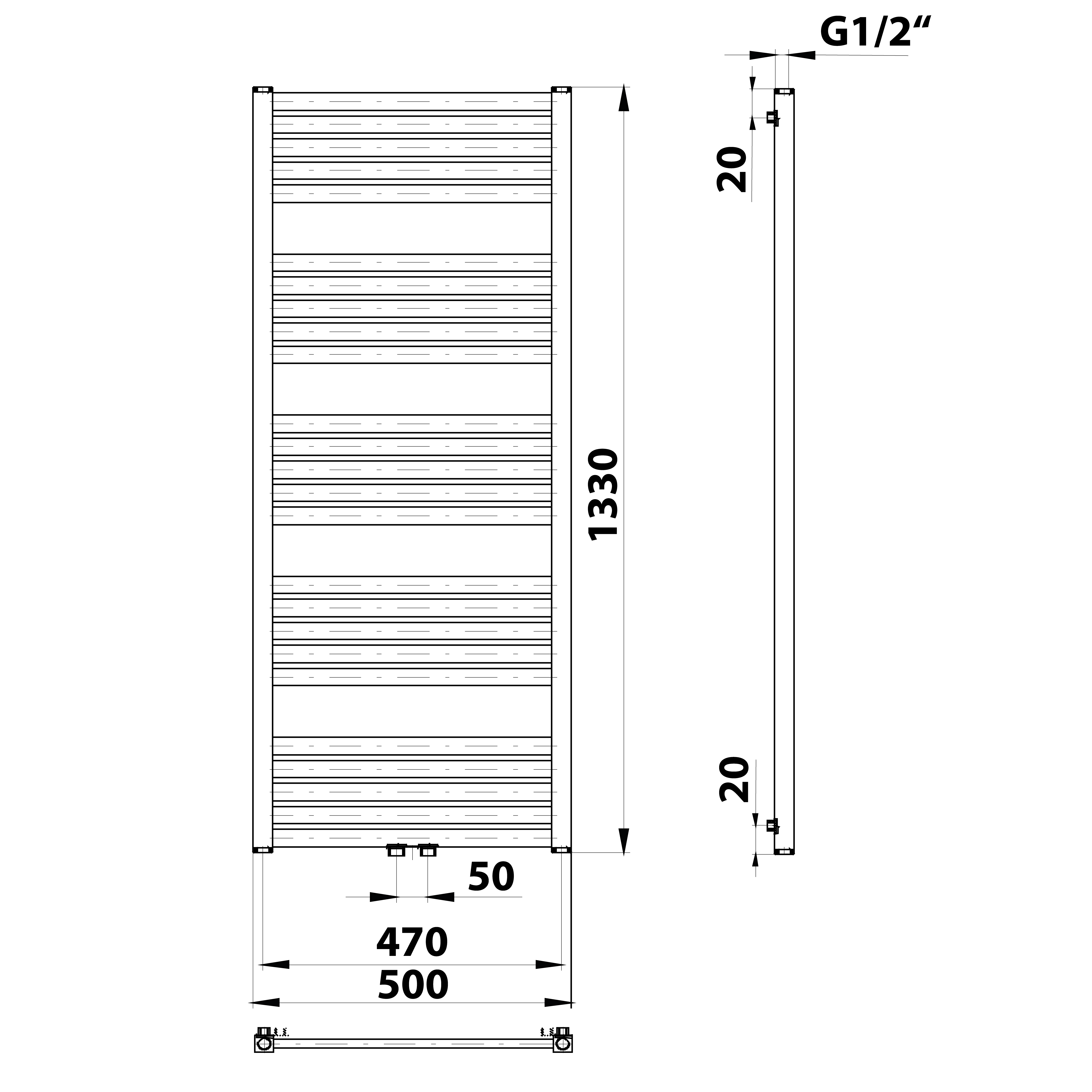 Sapho GRUNT otopné těleso rovné 500x1330 mm, středové připojení, bílá, technický nákres