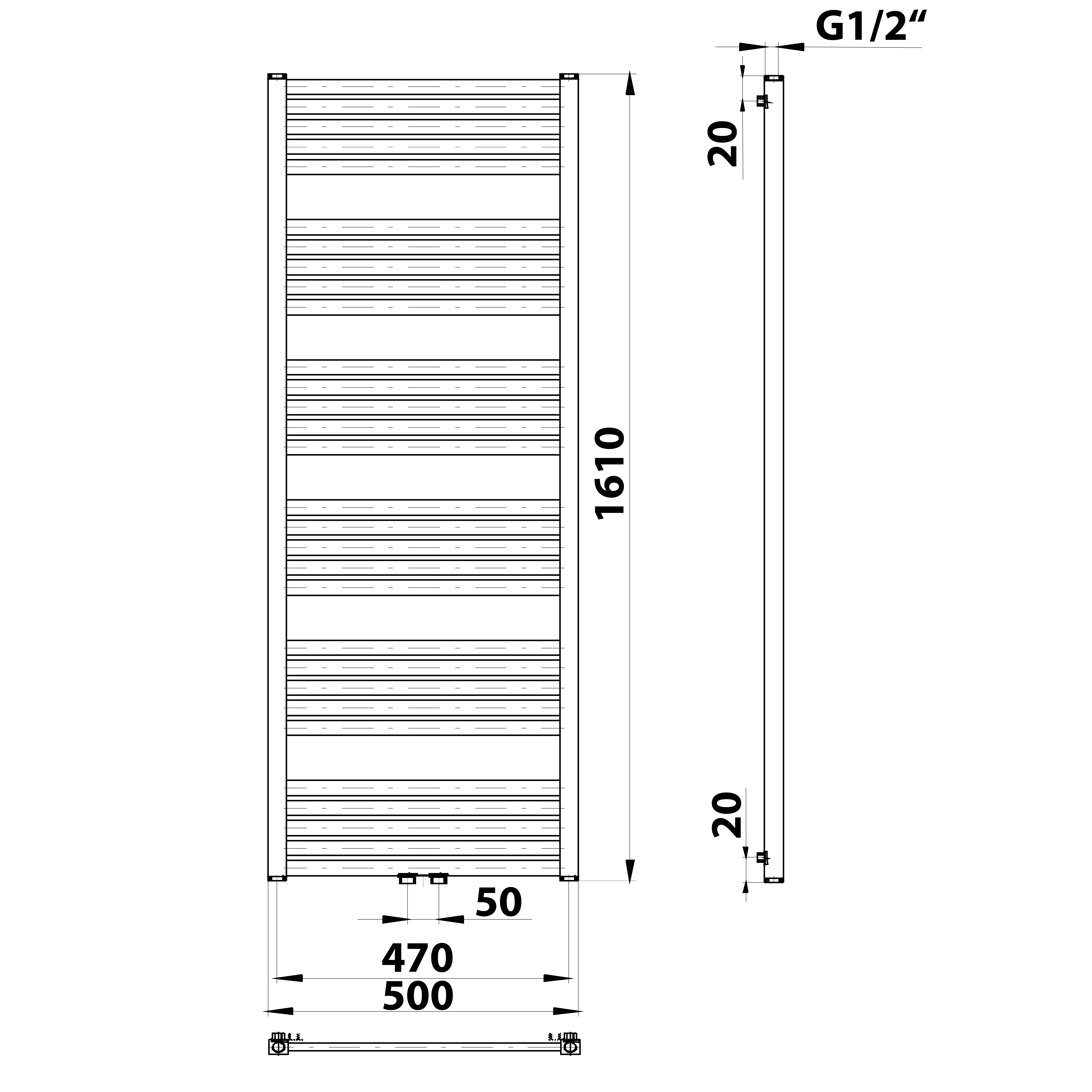 Sapho GRUNT otopné těleso rovné 500x1610 mm, středové připojení, bílá, technický nákres