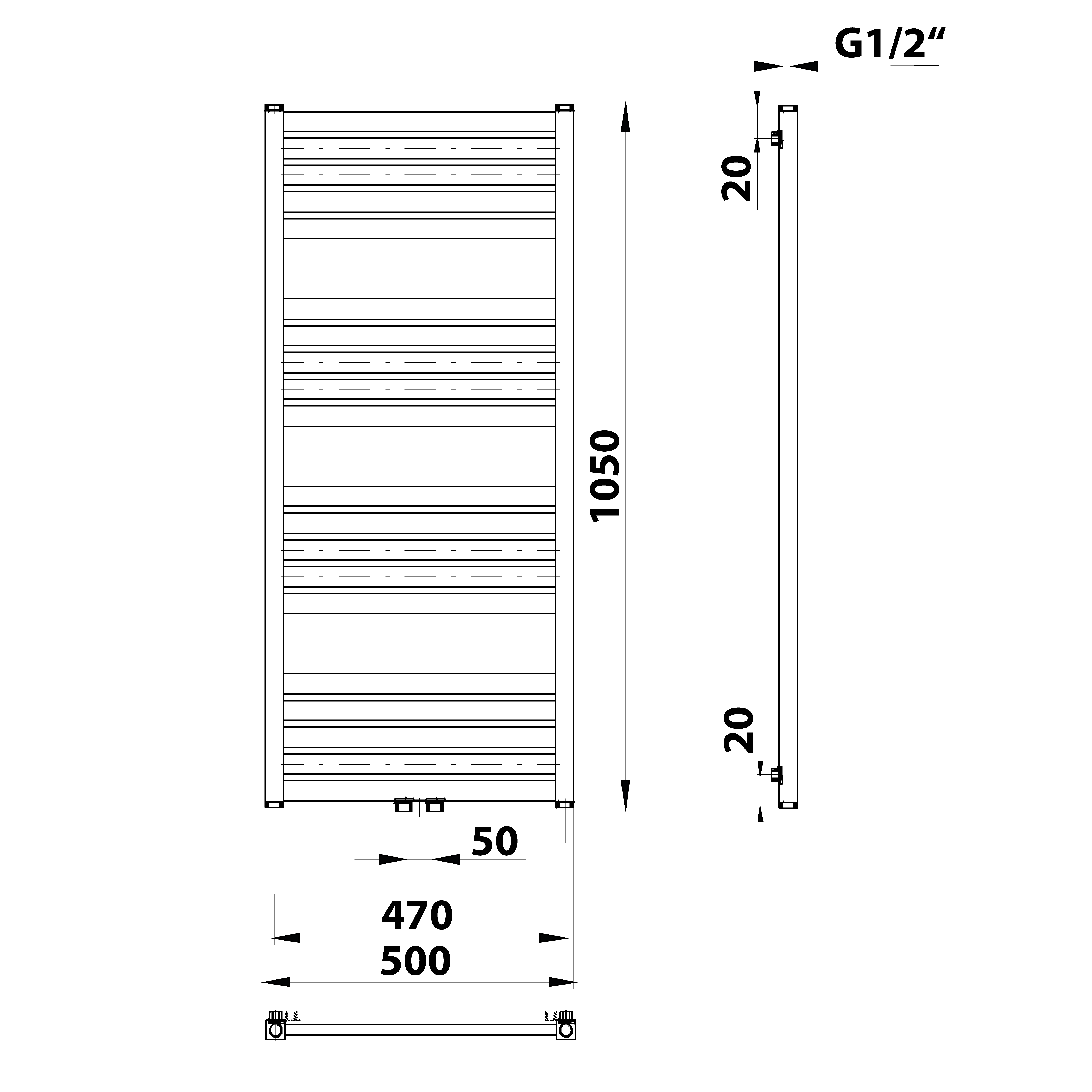 Sapho GRUNT otopné těleso rovné 500x1050mm, středové připojení, černá mat, technický nákres