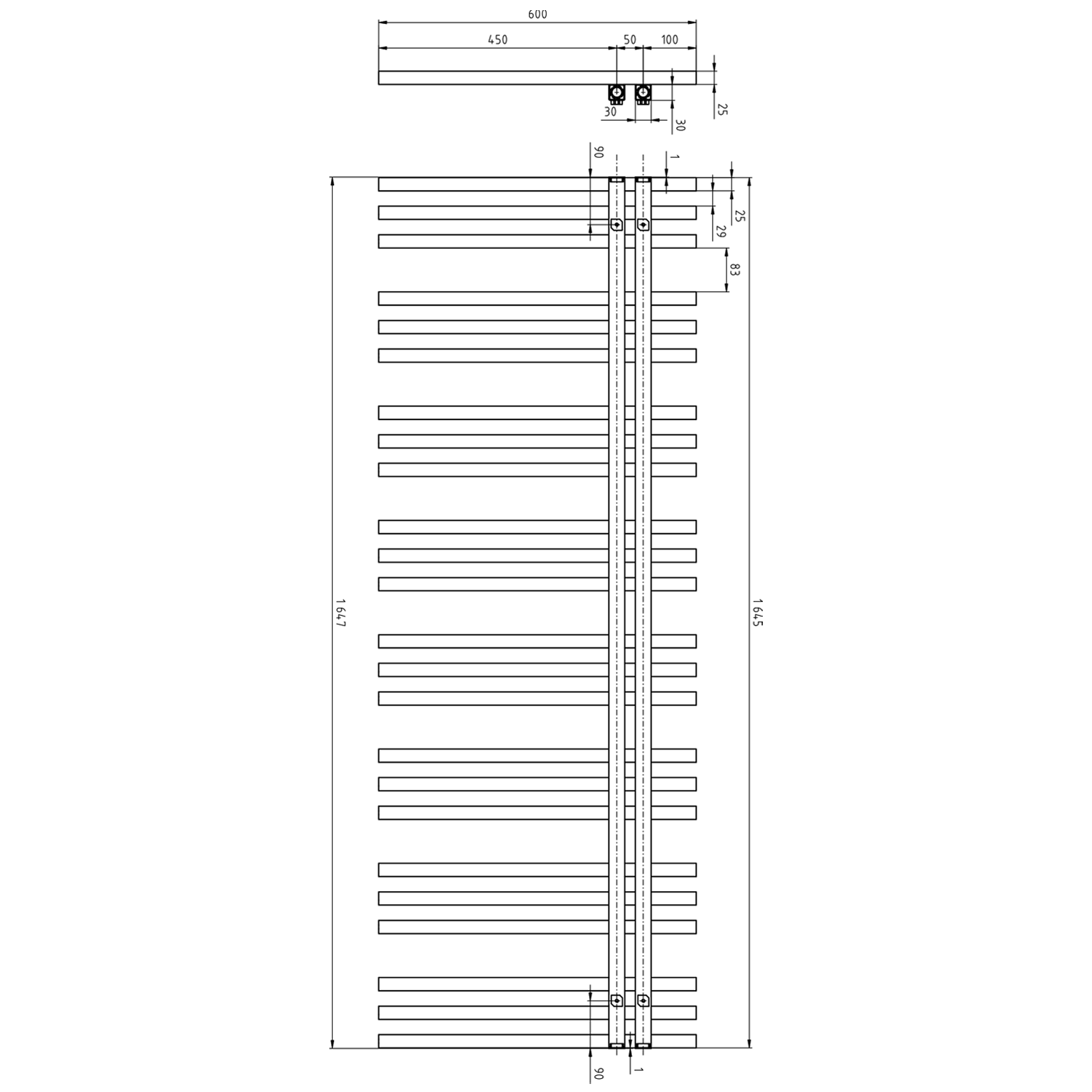 Sapho SOPHINA otopné těleso 600x1647 mm, bílá mat, technický nákres