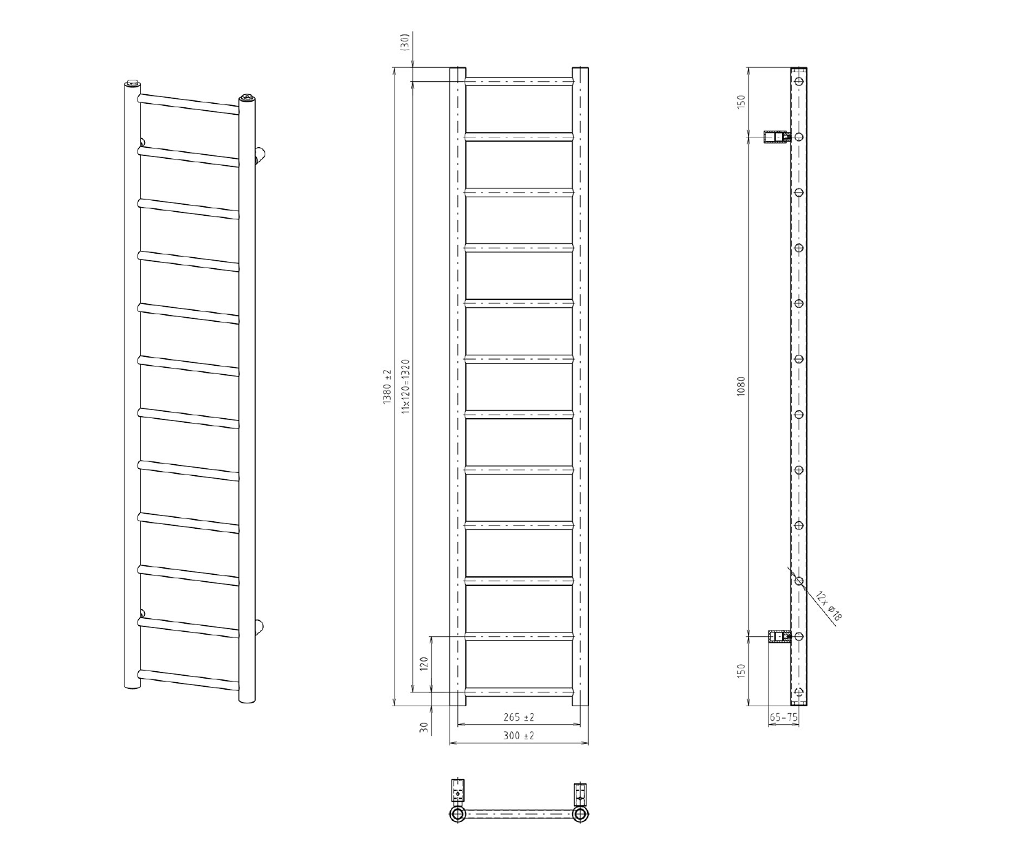 Sapho DINA otopné těleso 300x1380 mm, bílá, technický nákres