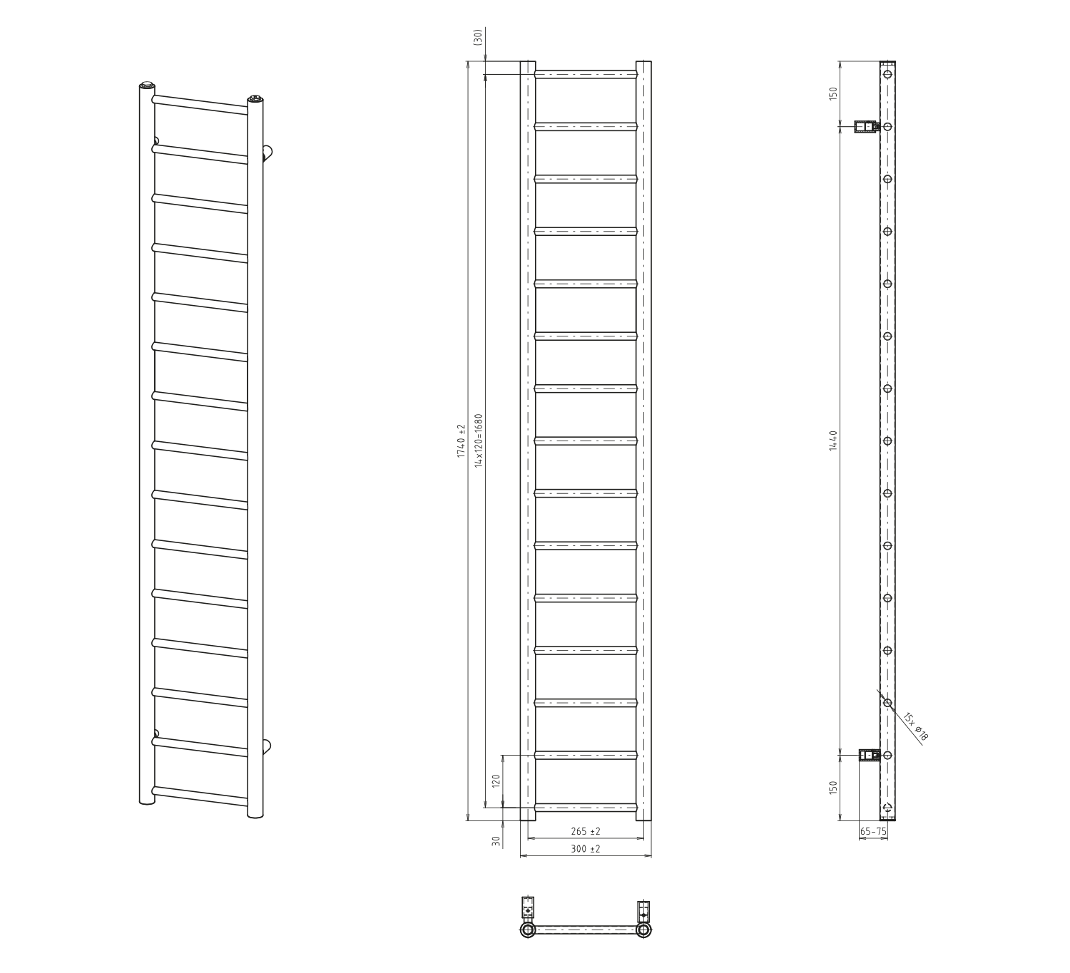 Sapho DINA otopné těleso 300x1740 mm, bílá, technický nákres