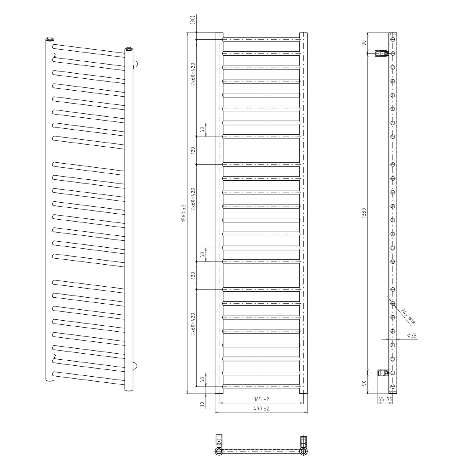 Sapho DINA otopné těleso 400x1560 mm, bílá, technický nákres