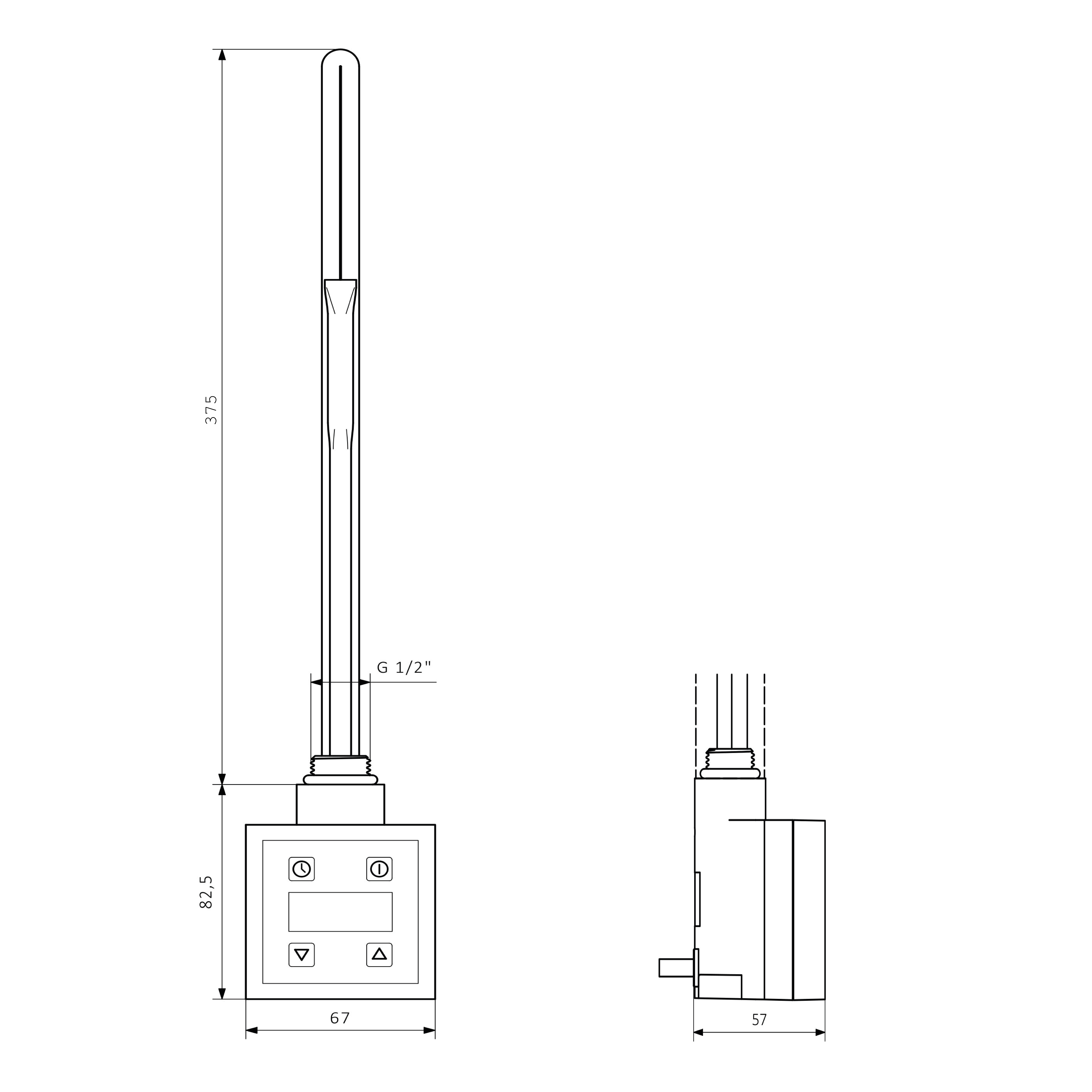 Sapho KTX topná tyč s termostatem, 600 W, černá mat, technický nákres