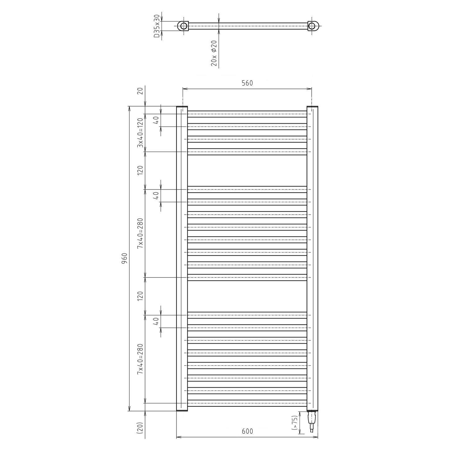 Aqualine DIRECT-E elektrické otopné těleso rovné 600x960 mm, 400 W, černá, technický nákres