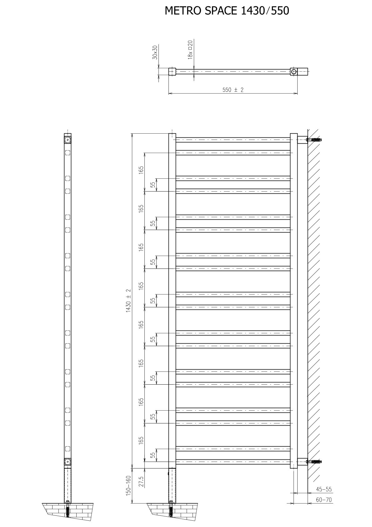 Sapho METRO SPACE otopné těleso 550x1430 mm, do prostoru, černá mat, technický nákres