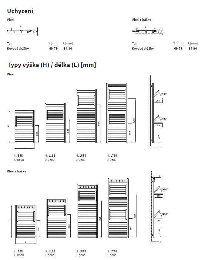 Isan Flexi s háčky koupelnový radiátor 1555x600 mm, 683 W, DFLH15550600, technický nákres