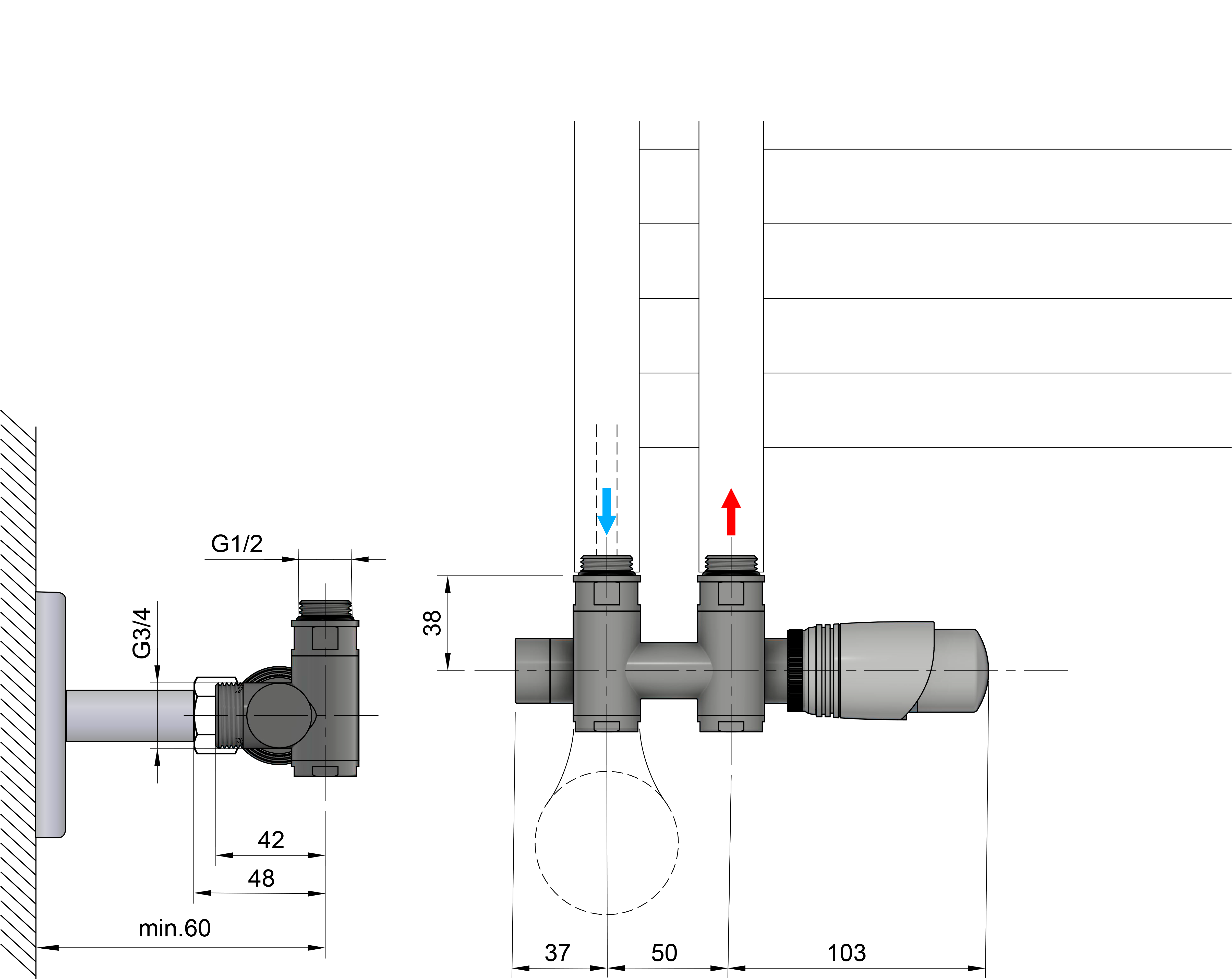 Sapho WICHER COMBI připojovací sada termostatická pro středové připojení 50mm, černá mat, technický nákres