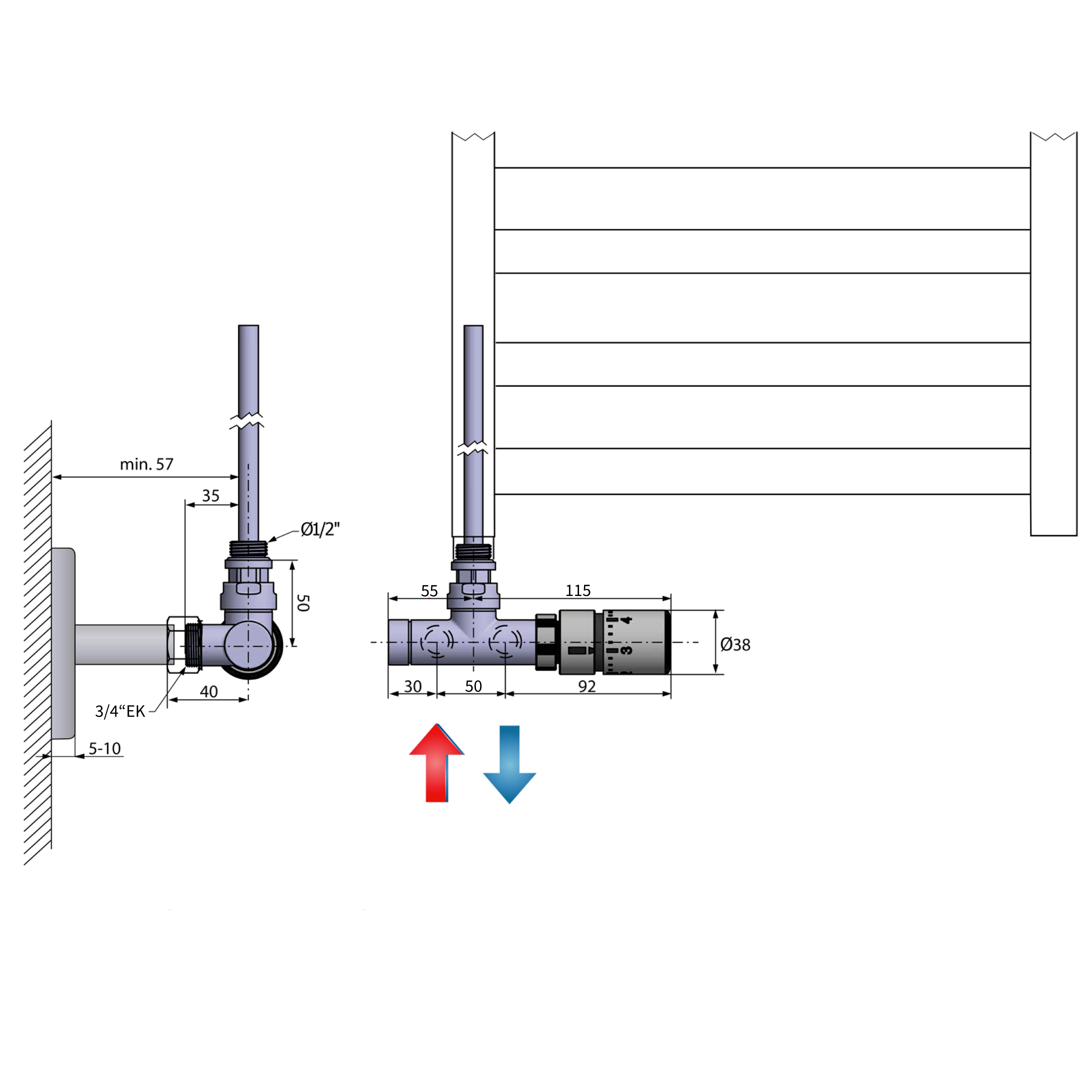Sapho MONO ONE připojovací sada ventilů termostatická jednobodová, pravá, rozteč 50mm, provedení Chrom, technický nákres