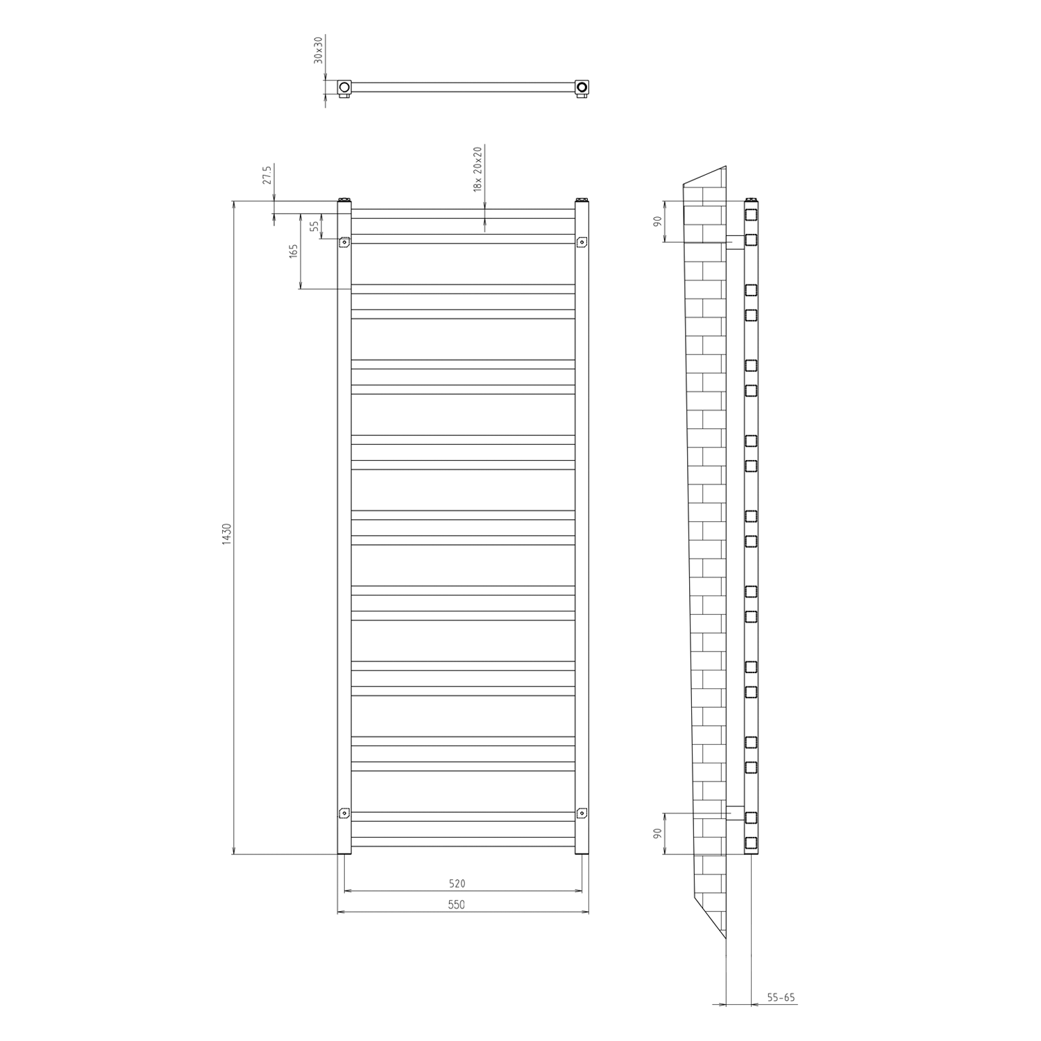 Sapho METRO DOS otopné těleso 550x1430 mm, černá mat, technický nákres