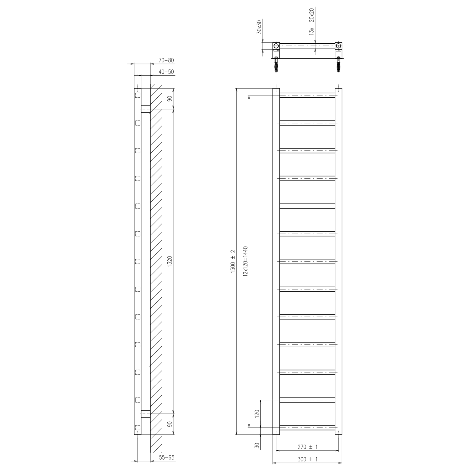 Sapho METRO LIGHT otopné těleso 300x1500 mm, černá mat, technický nákres