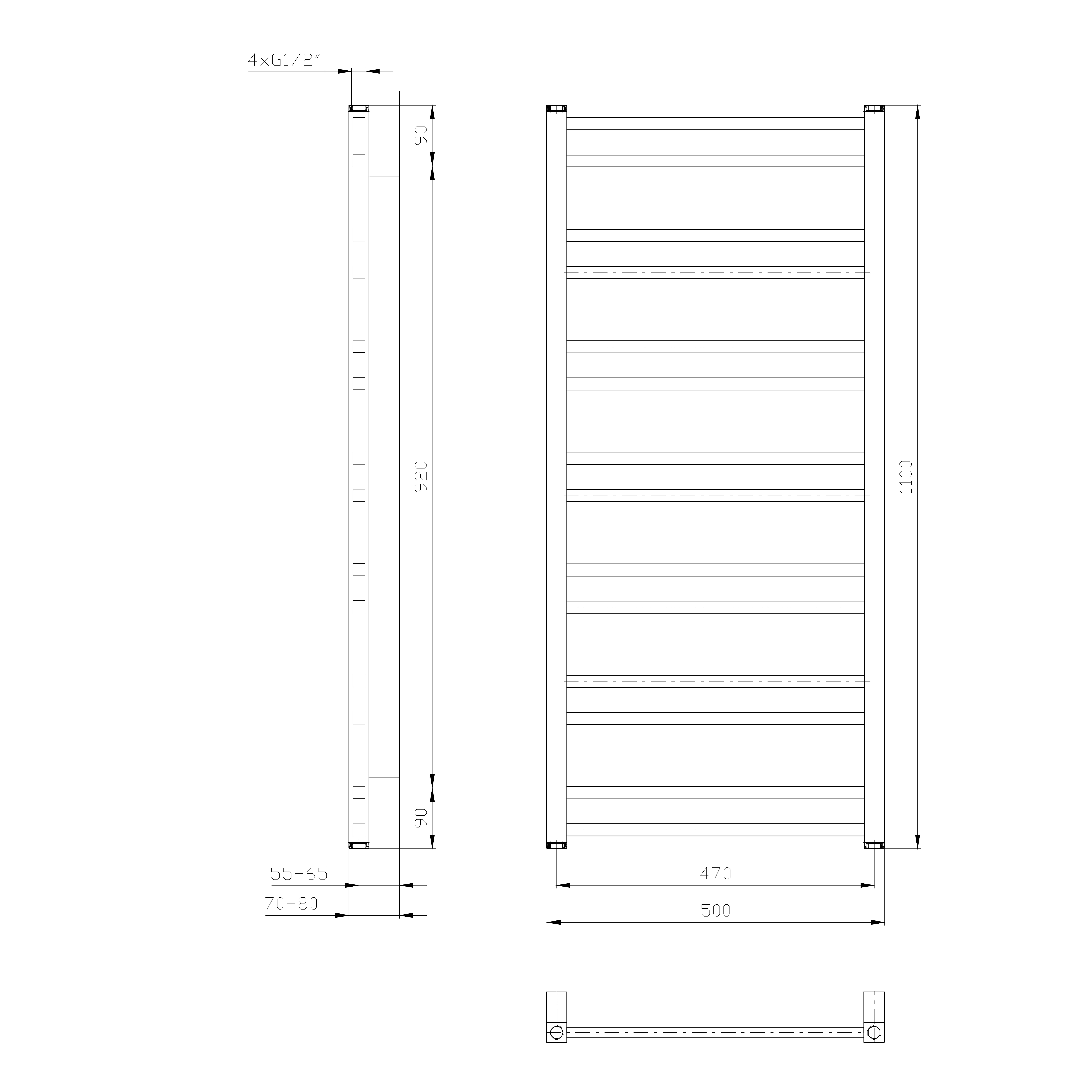 Sapho METRO DOS otopné těleso 500x1100 mm, bílá mat, technický nákres